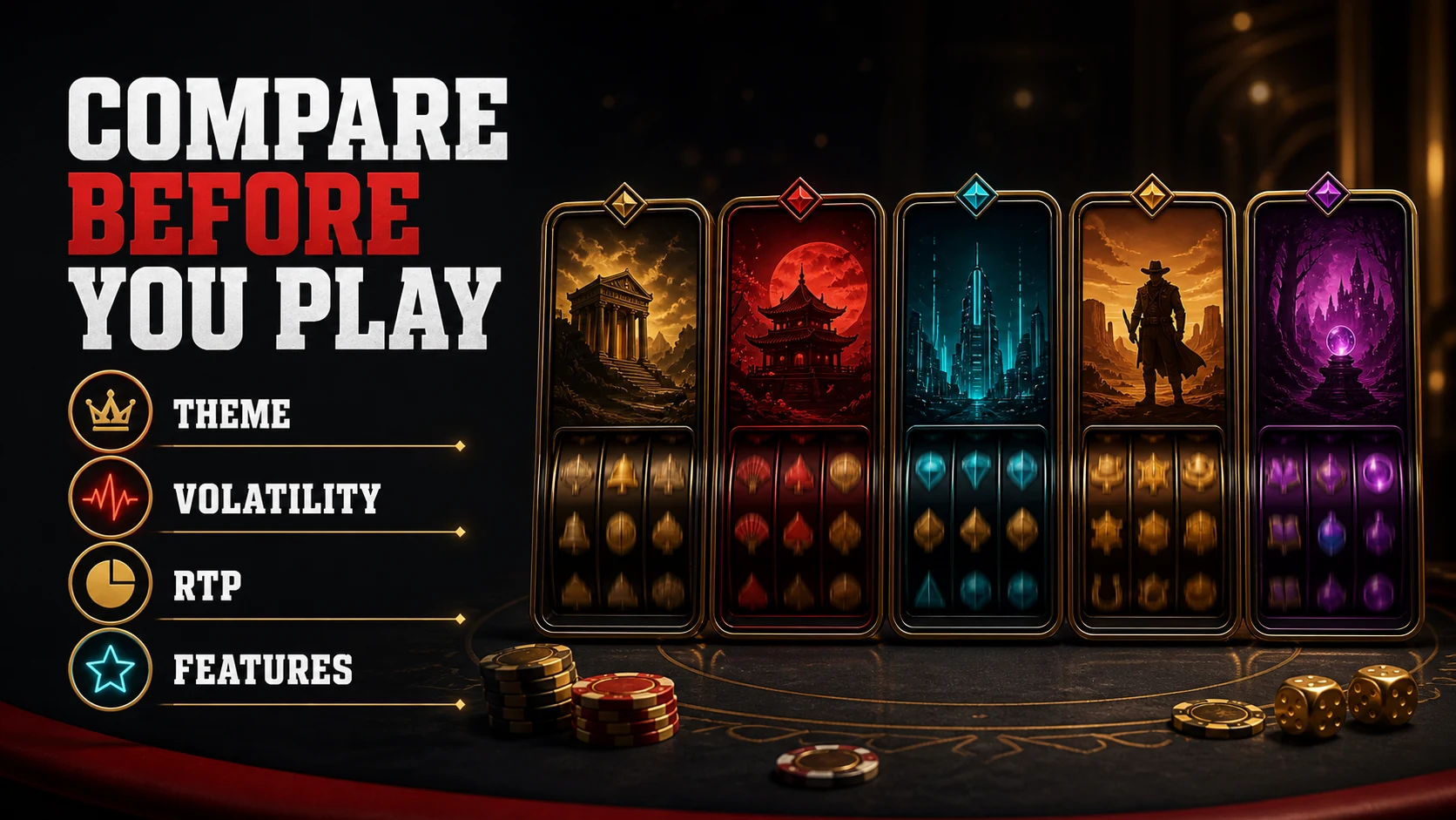 Slot game comparison illustration showing theme, volatility, RTP and features for Filipino players
