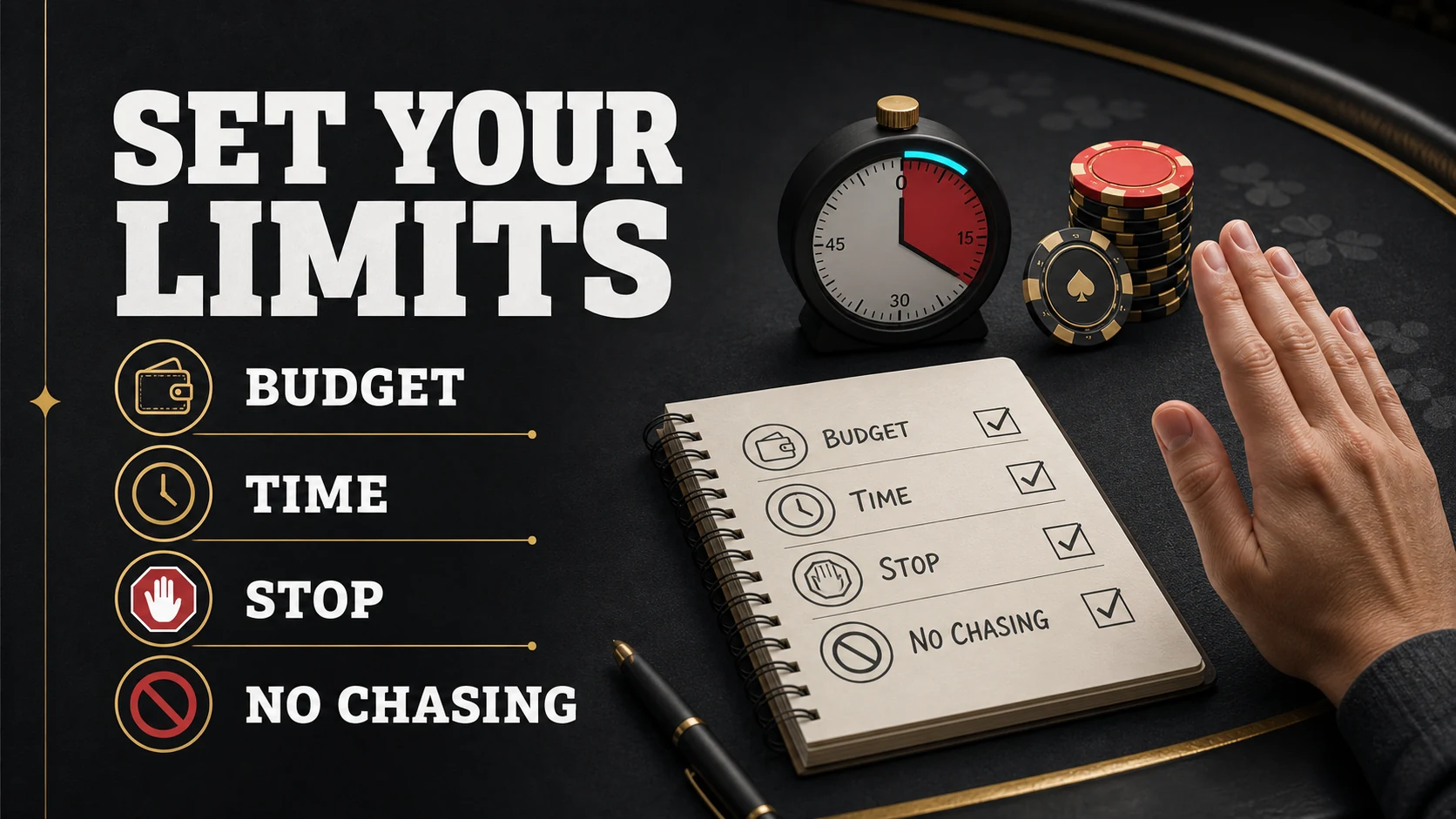 Responsible slot play illustration showing budget, time, stop and no chasing reminders