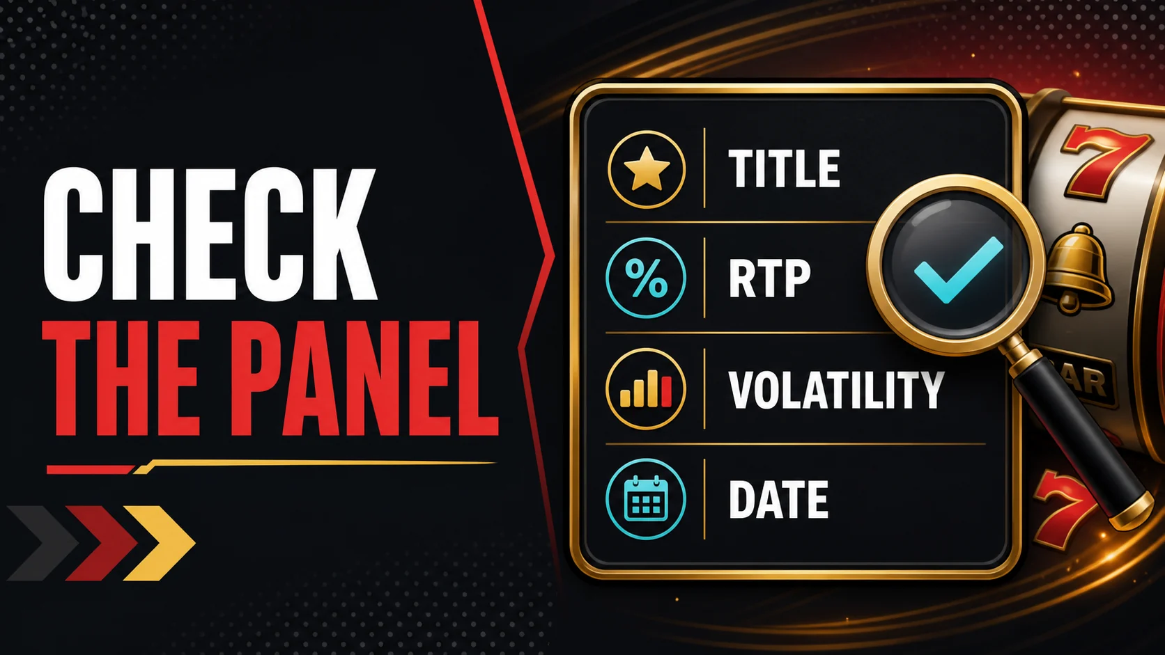 Slot information-panel checklist showing RTP, version, volatility and terms before playing