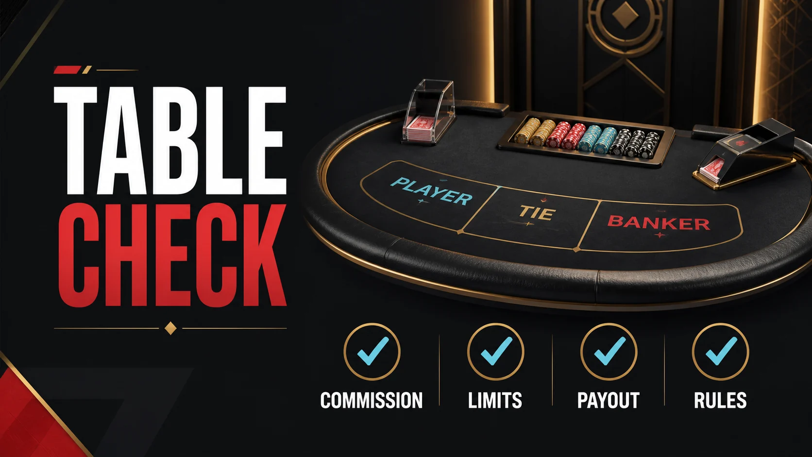 Online baccarat table-check illustration showing commission, limits, payout wording and responsible play