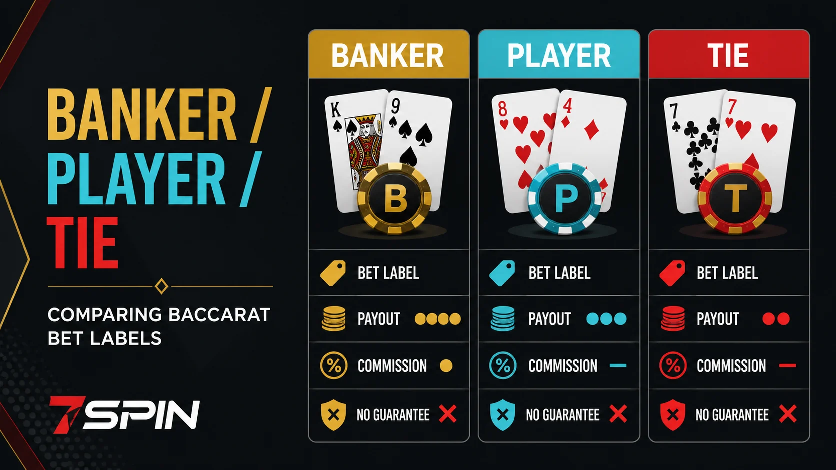 Baccarat Banker versus Player comparison graphic with Tie bet, payout and commission check labels