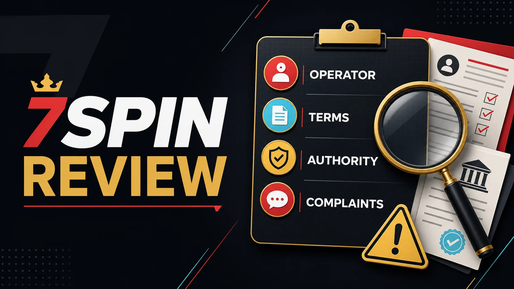 7Spin casino review verification graphic showing operator identity, license source, terms and complaints checks
