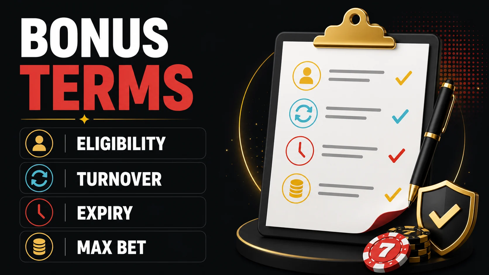 7Spin bonus terms checklist showing eligibility, wagering, expiry, maximum bet and withdrawal conditions