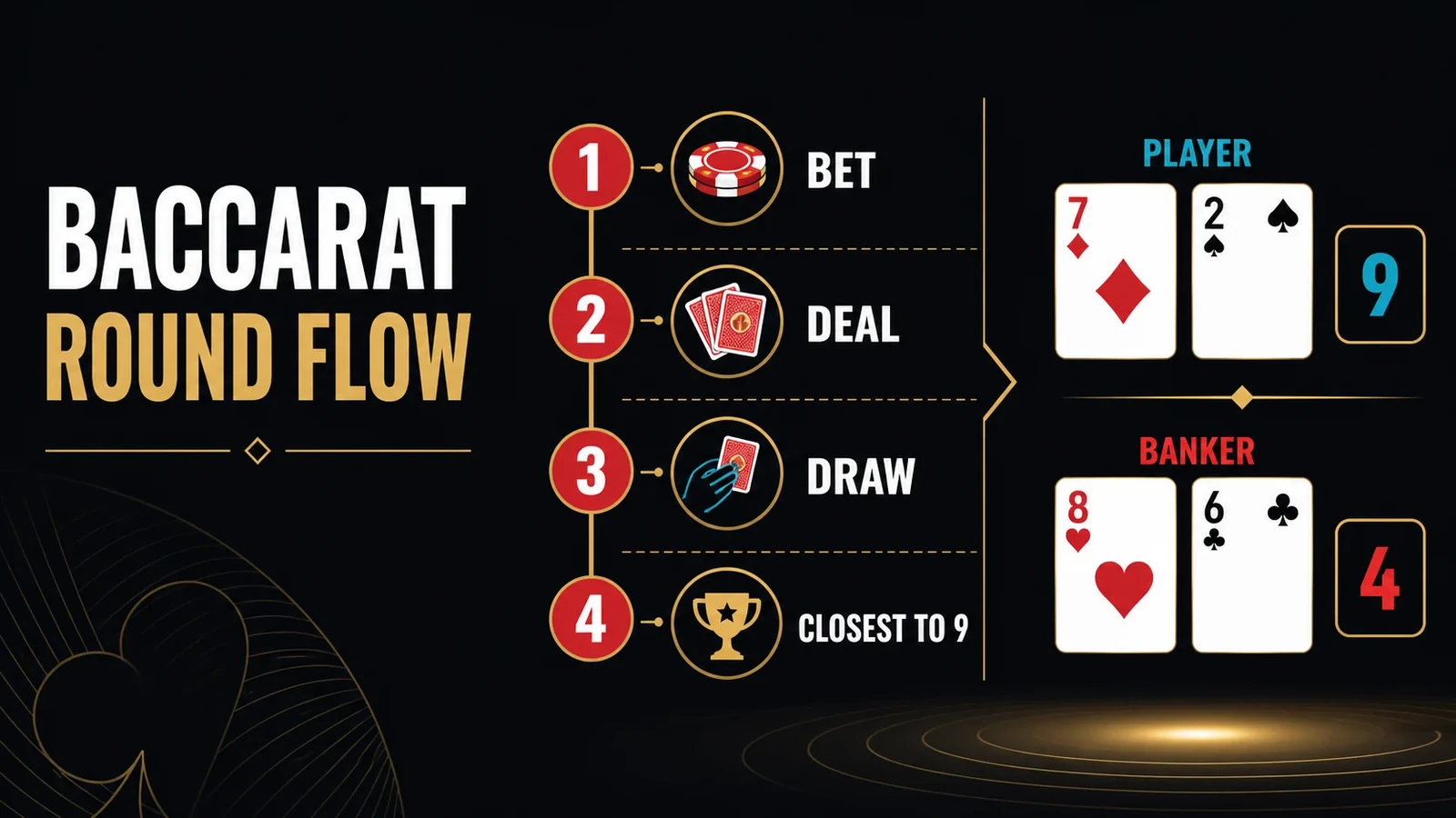 Online baccarat rules illustration showing card values, Player Banker Tie bets and the number nine target