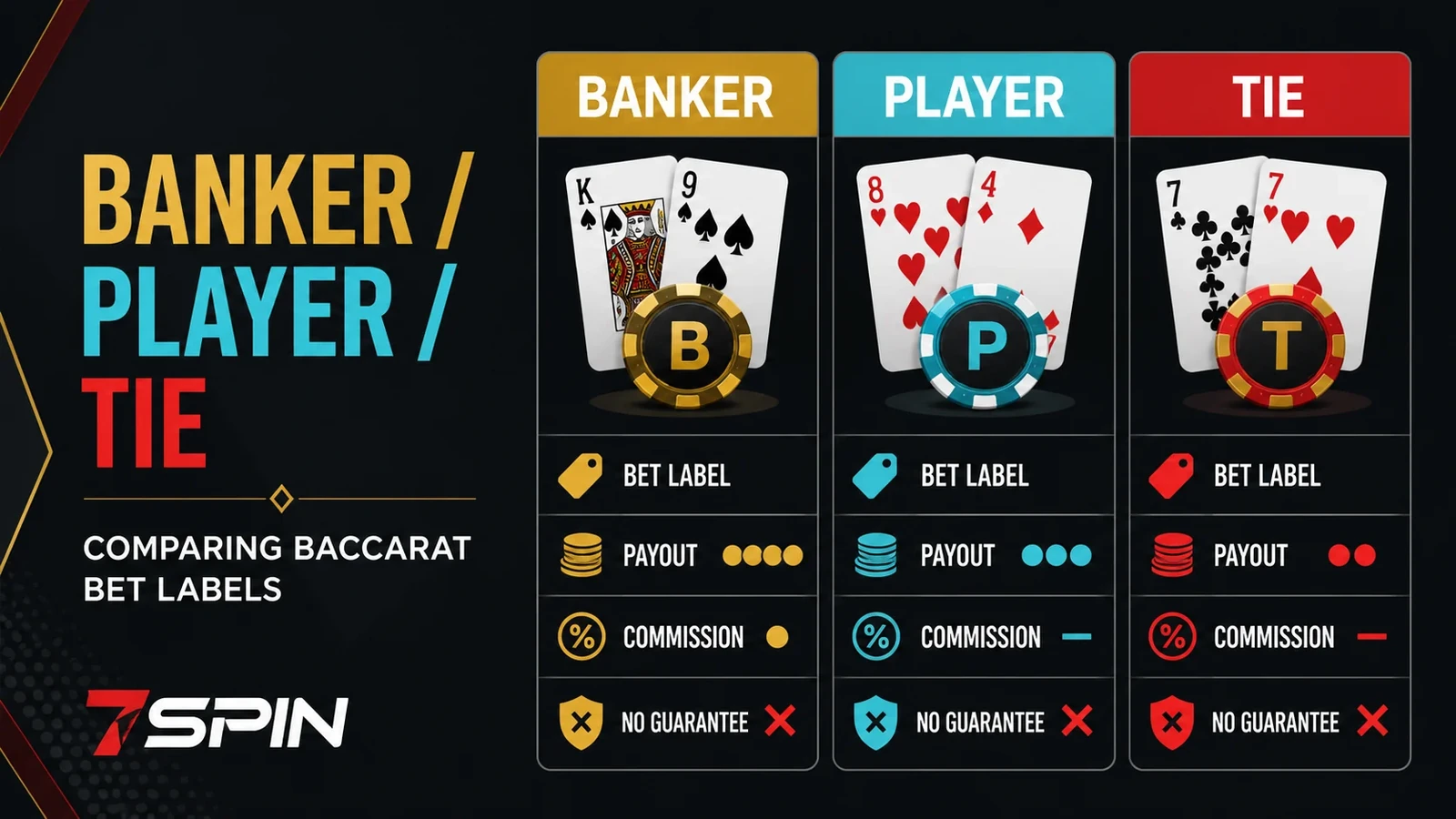Baccarat Banker versus Player comparison graphic with Tie bet, payout and commission check labels